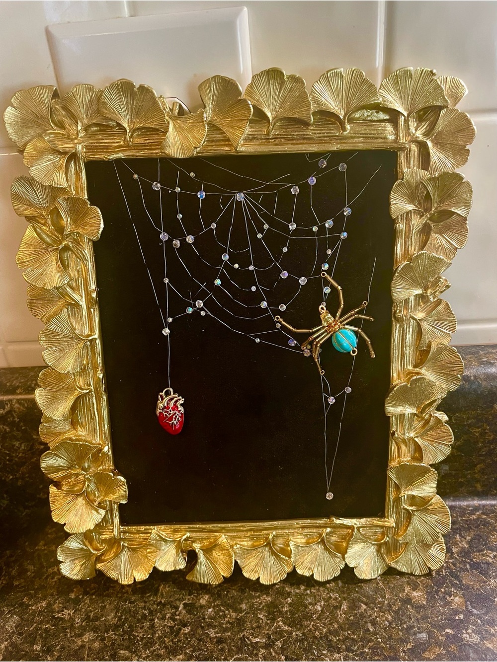 Gold Ginkgo Leaf Frame with Black Velvet Backing and Decorative Crystal spider